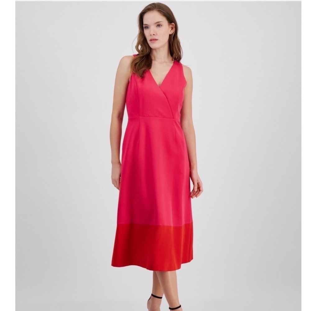 Anne Klein Womens Fuchsia Pink Red Colorblock V-Neck Sleeveless Dress Size 6